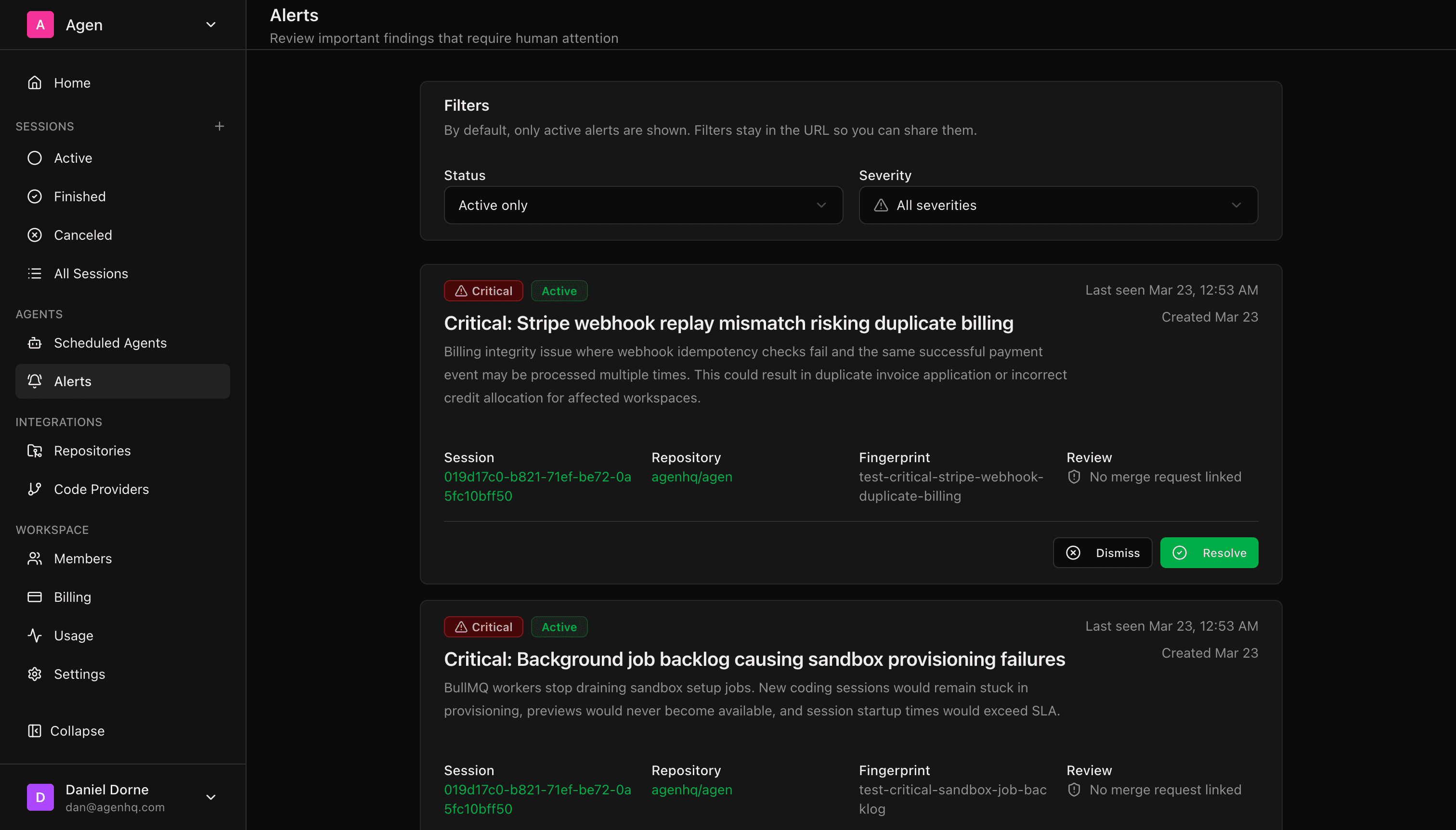 Alert notification showing the issue, context, and the agent's recommended fix
