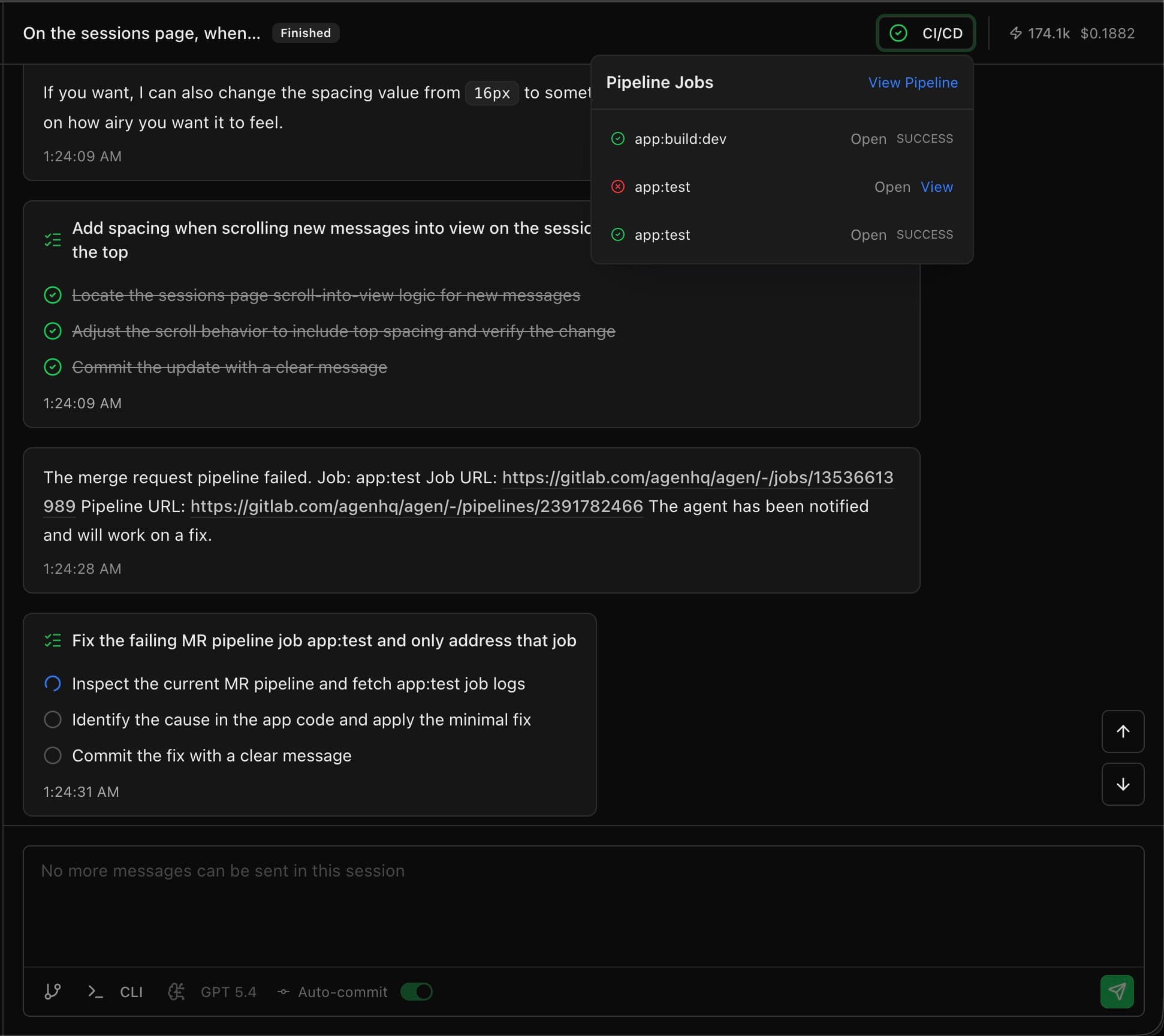 Zoomed-in pipeline logs showing a failure, the agent fix, and the passing pipeline run
